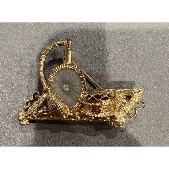 1928 Goldtone Rhinestone Brooch Vanity Tray With Perfume‎ Camphor Glass Elegant - Picture 1 of 8